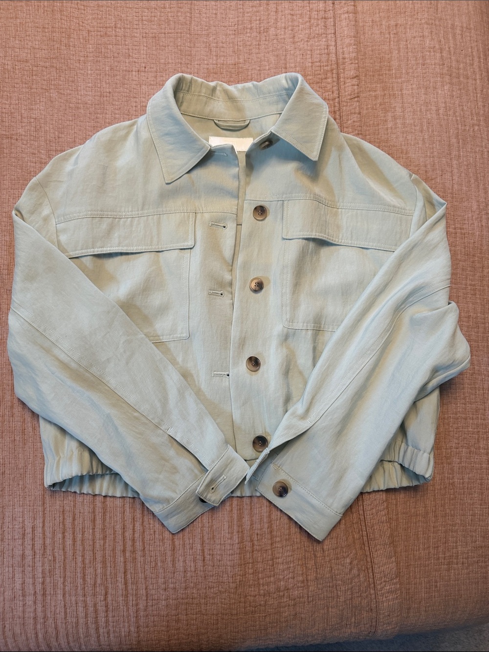 Zara Light Sage Cropped Button Bomber Jacket